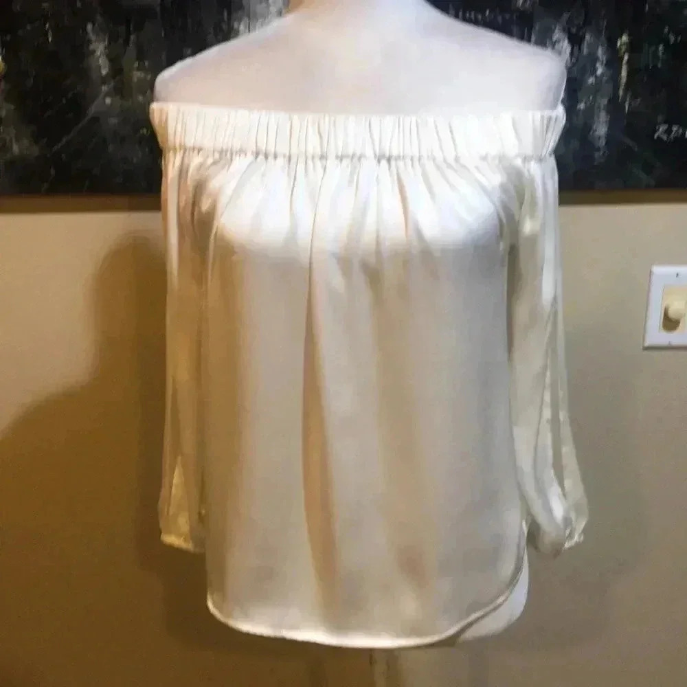 Express Satin Cream Colored Off Shoulder Top w/Arm Slits High/Low Hem-XS